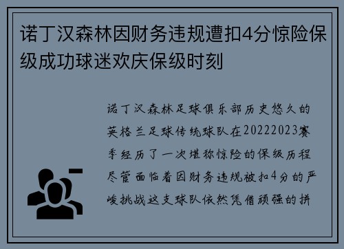 诺丁汉森林因财务违规遭扣4分惊险保级成功球迷欢庆保级时刻